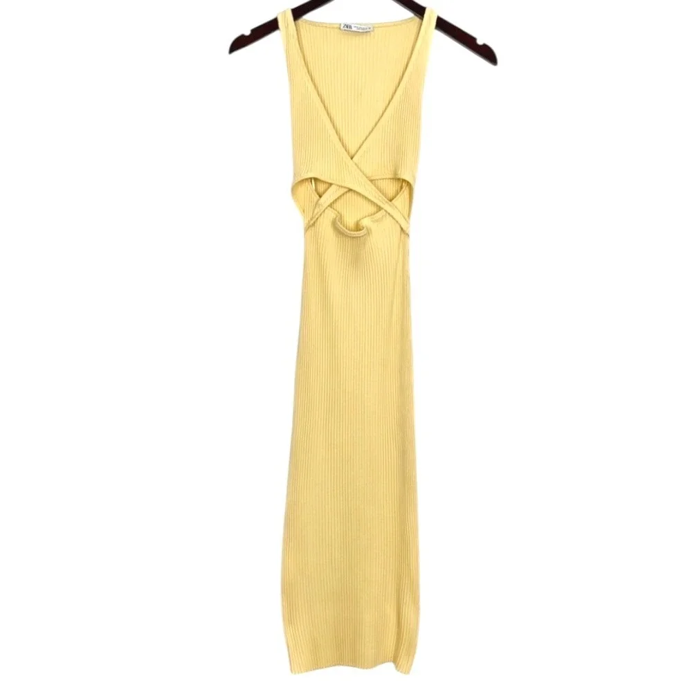 Zara Butter Yellow Bodycon Cut Out‎ Midi Dress M - Picture 9 of 11